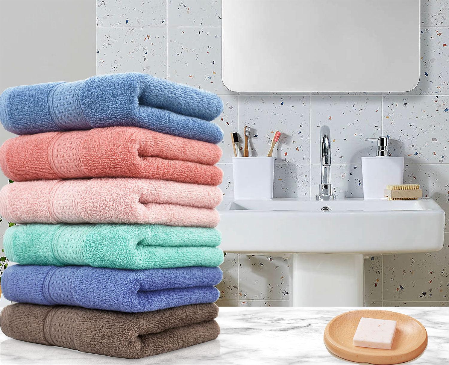 Cleanbear Hand Towels and Washcloths Set, 6 Hand Towel and 6 Wash Cloths  with 3 Colors for Your Different Daily Needs